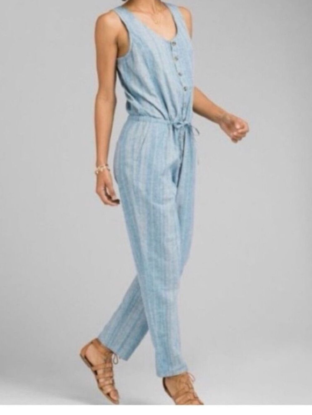 Prana Jumpsuit Light Blue Stripe Button-Front made Hemp cotton Medium